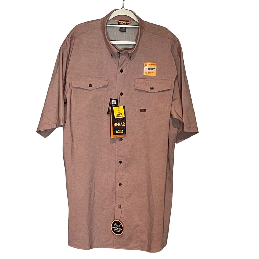 Ariat Rebar Mens XL Tall Short Sleeve Button Down Work Shirt Heather Clay New